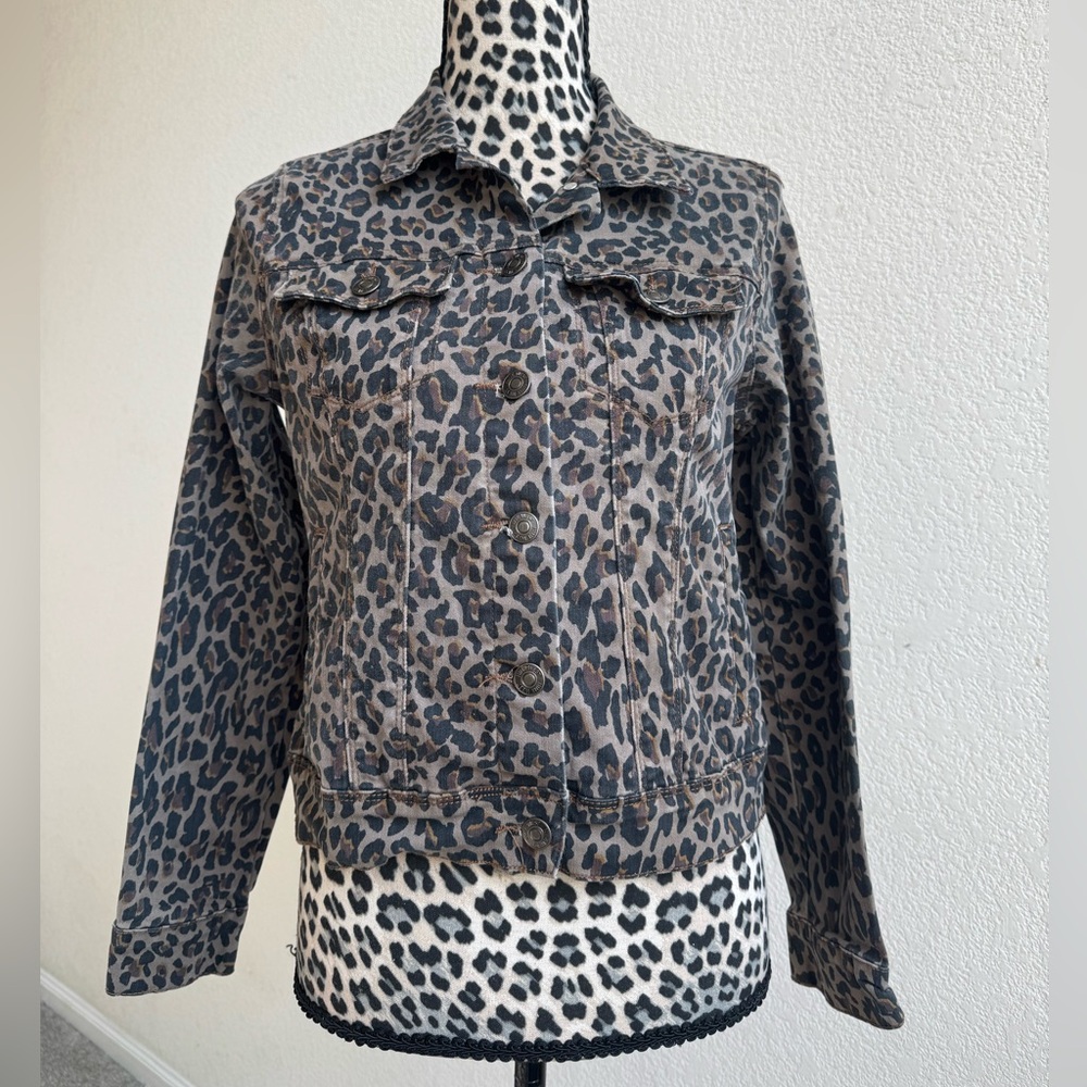 Nine West Brown and Black Leopard Print Denim Jacket